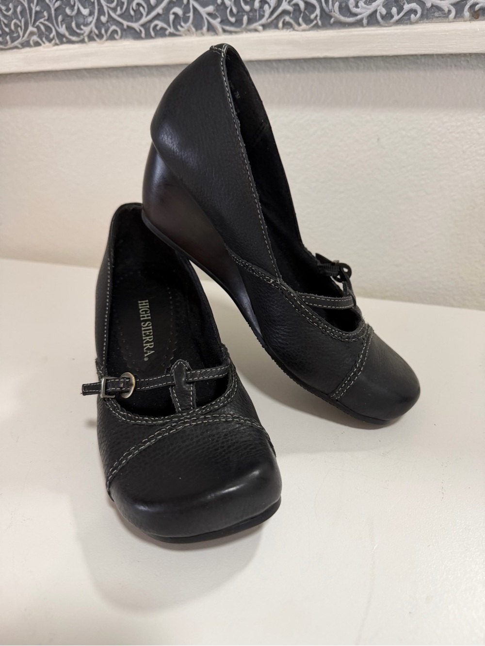 High Sierra Black Leather Mary Jane Wedge Heels with Contrast Stitching